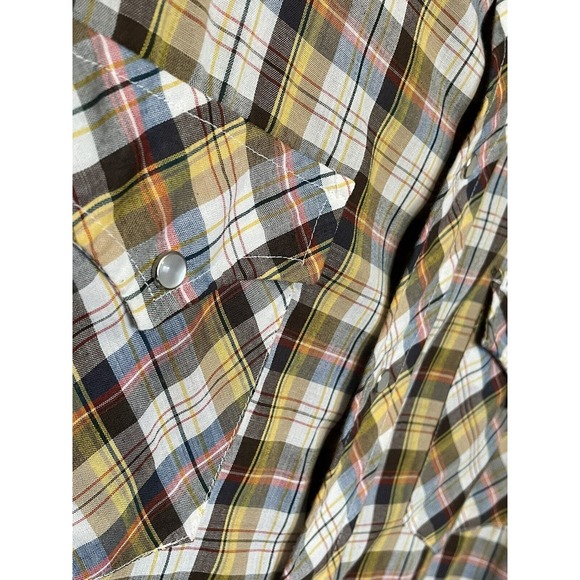 Vintage 70s 80s Kennington Yellow Brown Plaid Large Long Sleeve Pearl Snap Shirt - Picture 4 of 5